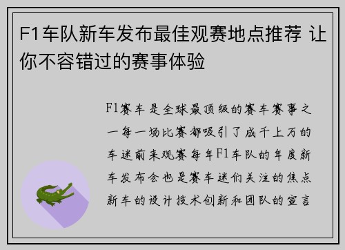 F1车队新车发布最佳观赛地点推荐 让你不容错过的赛事体验
