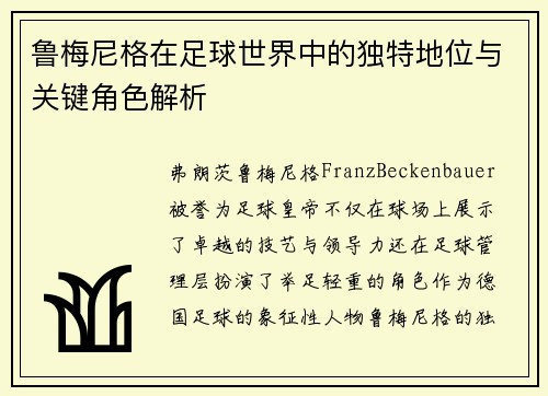 鲁梅尼格在足球世界中的独特地位与关键角色解析 鲁梅尼格在足球世界中的独特地位与关键角色解析